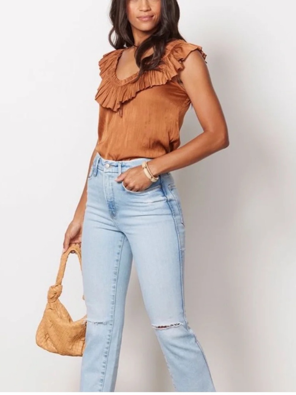 Evereve Dahlia Rust Ruffle Satin Tank